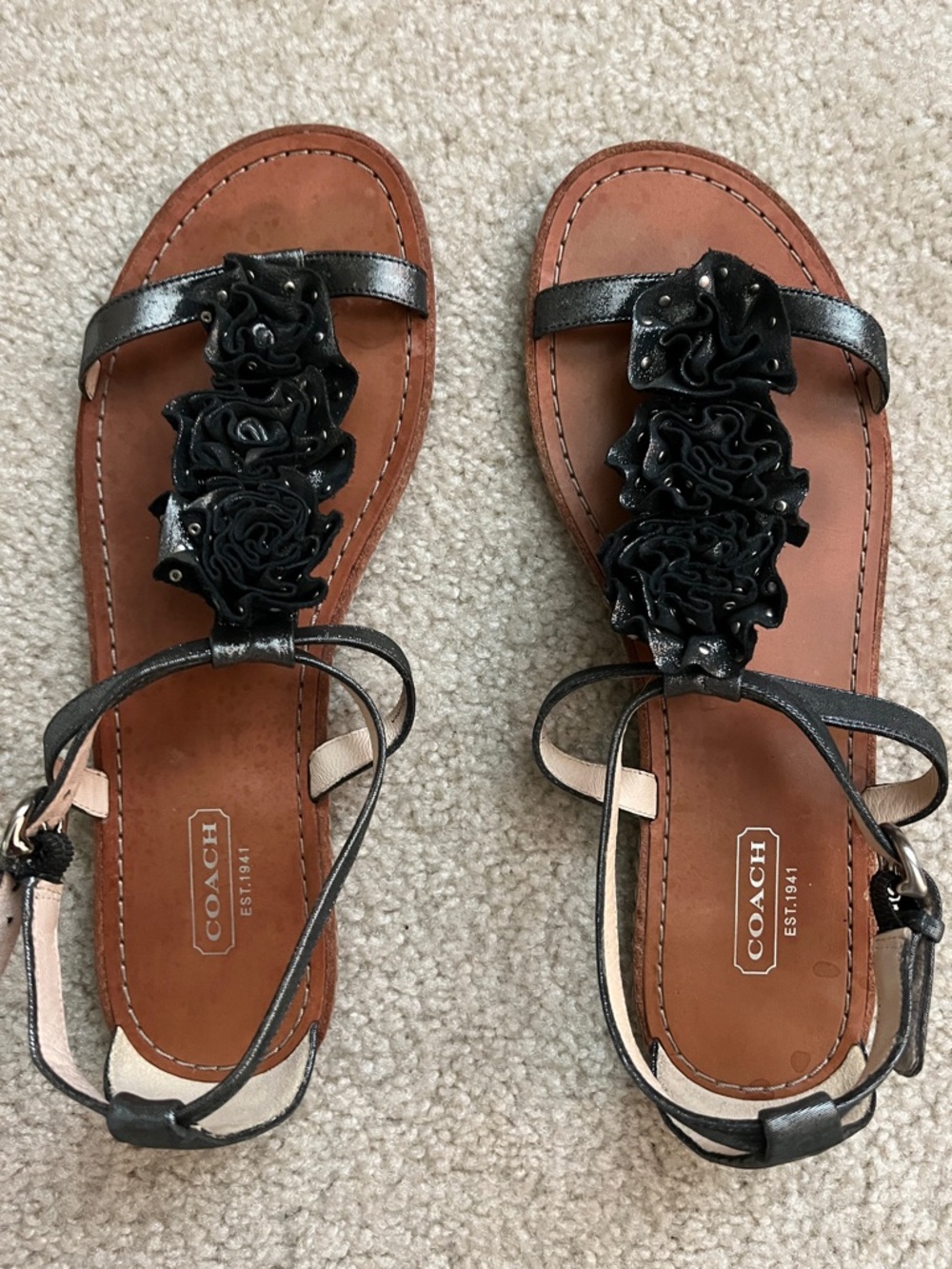 COACH Metallic Grey Floral T-Strap Leather Sandals